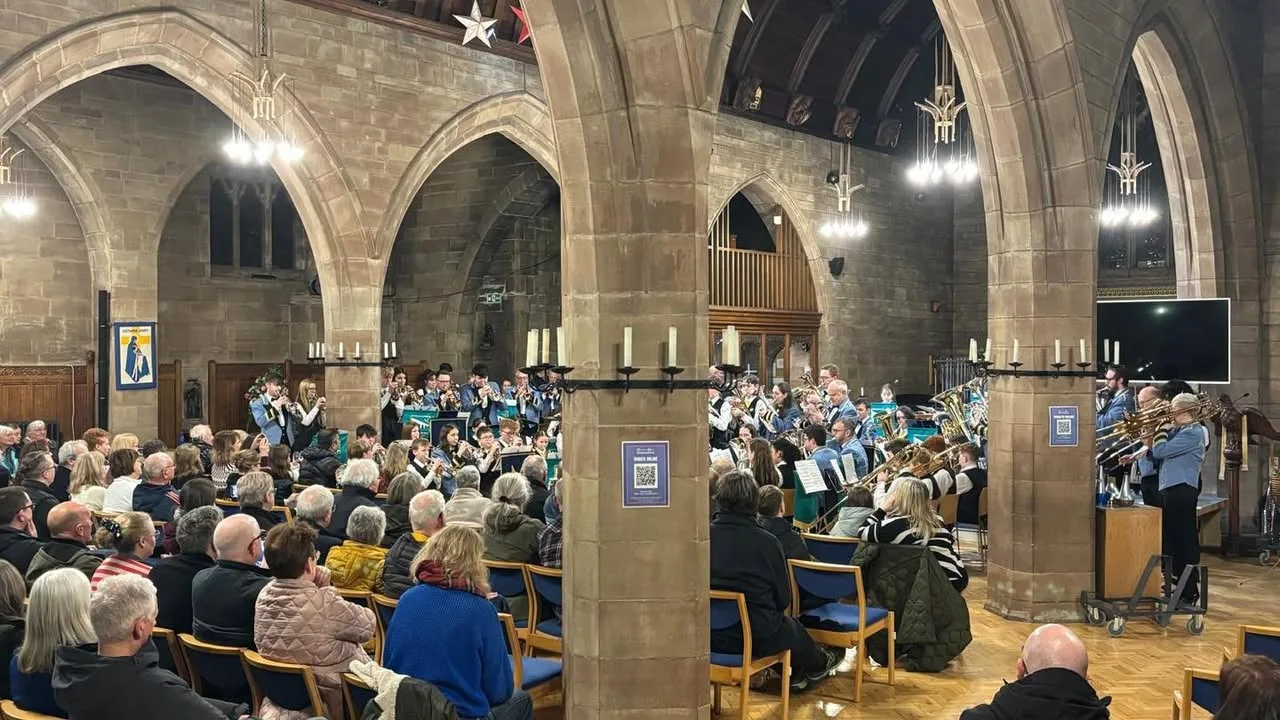 Photograph shared by The KNDS Fairey Band with its update, “We had a brilliant night of music on Saturday as we joined forces with the Stockport…”.