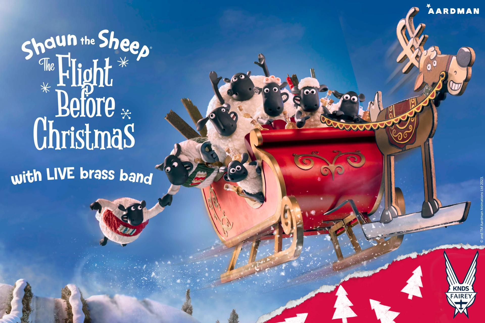 Shaun the Sheep: The Flight Before Christmas key art — Shaun and the flock riding Santa's sleigh, with live brass band billing