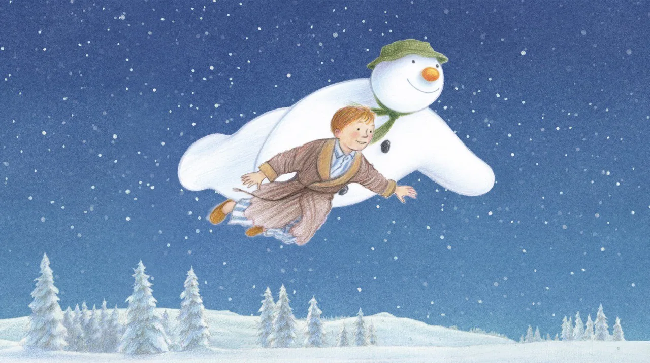 The Snowman and James flying together through a snowy night sky